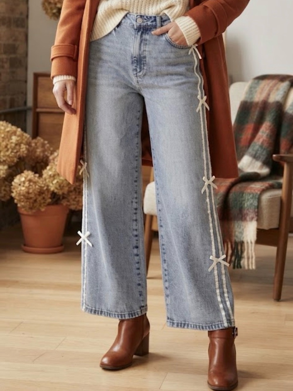 🎀1030 TENTHIRTY  jeans with bows  Wide-Leg Jeans light wash NWOT size 9